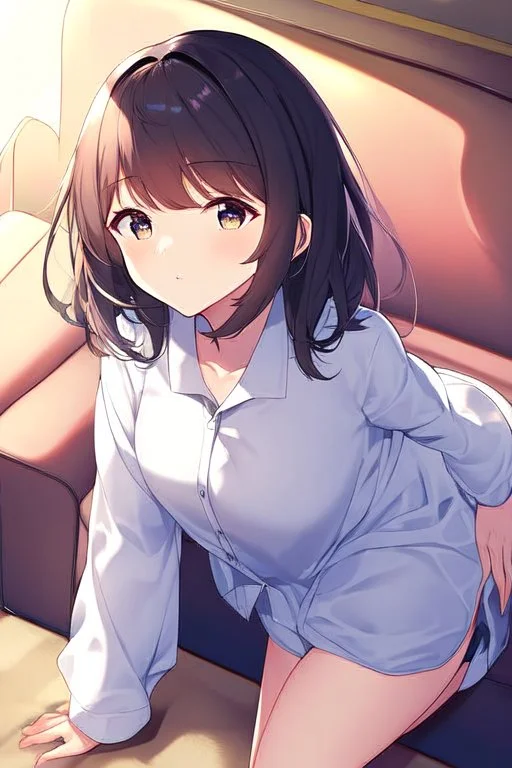 anime waifu wearing a pyjama shirt and a short skirt laying on her stomach on a couch