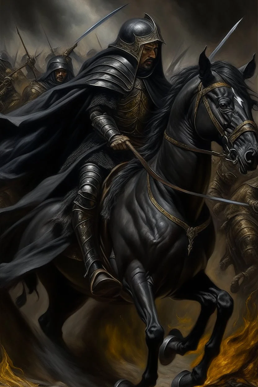 Oil painting of a king poked on his black horse and wearing full black and fur Raset battle and those around him fighting Photorealistic