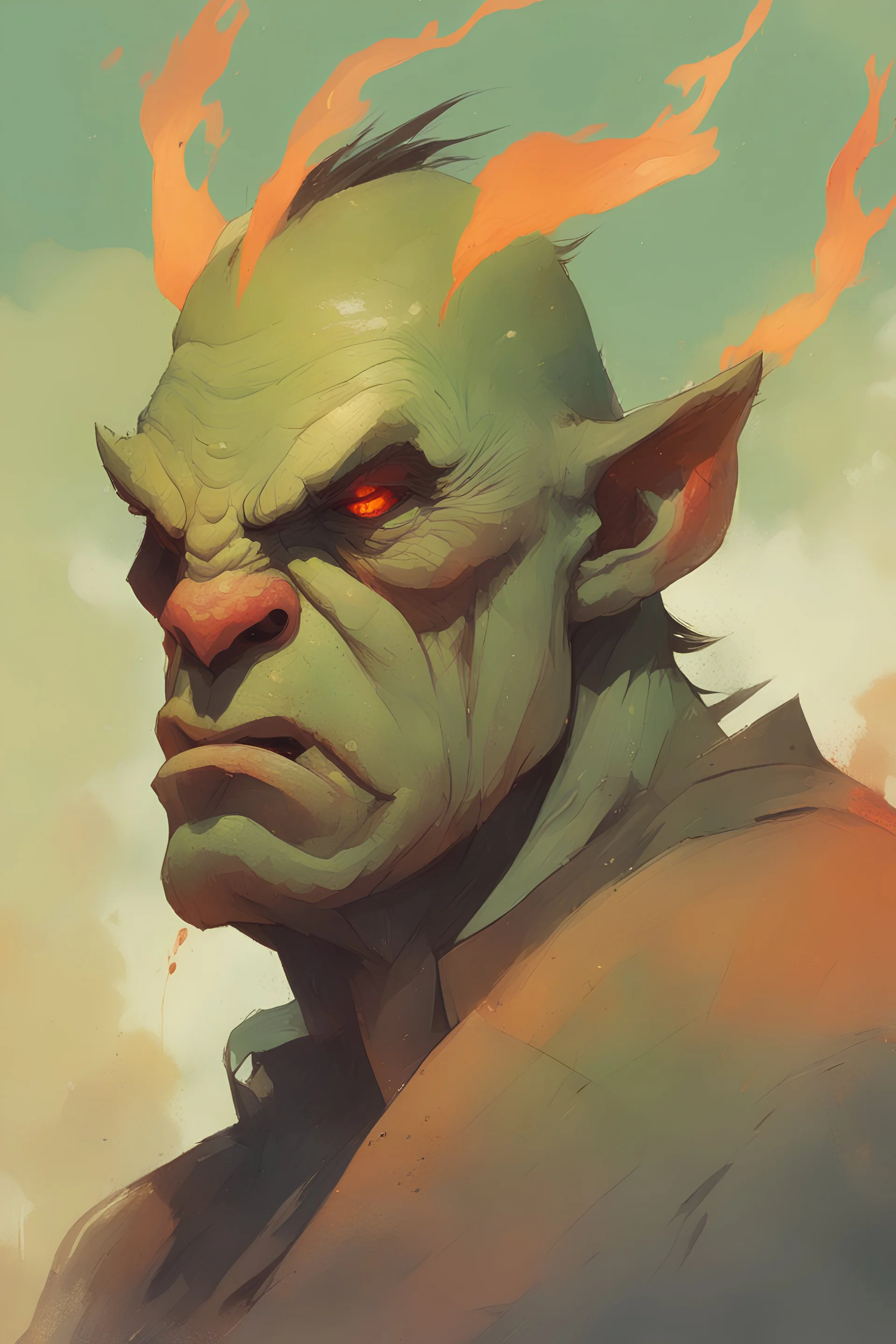 by Ismail Inceoglu & Atey Ghailan & Victo Ngai & Alan Lee & James Gilleard :: head-and-shoulders close-up of snarling scarred greasy sadistic middle-earth orc boss nemesis looking at you, burning village, smoke, ash :: doomsday :: gritty