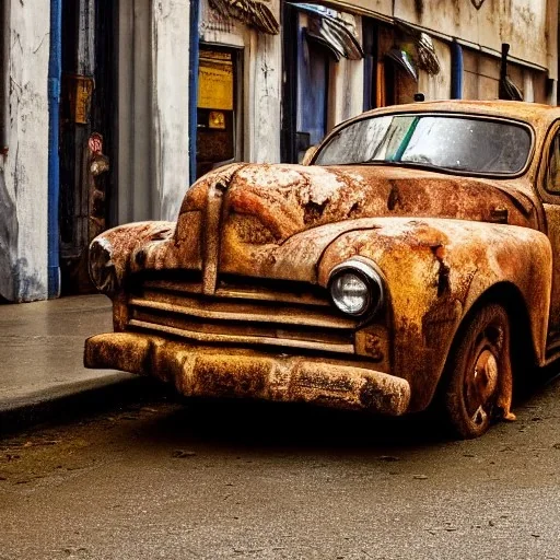 old rusty car parked on a busy street, rain