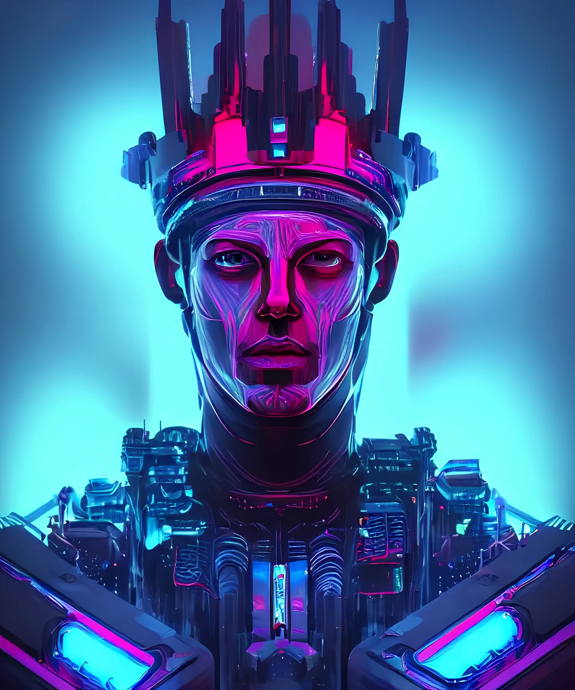 Symétrie!! Digital art portrait d'un roi cyborg guerrier avec sa couronne, science fiction, cyberpunk post apocalyptique future, sombre et coloré à la fois, contours fins néon bleu foncé, éclairage profond, décor extérieur neo tokio akira movie, angle de vue panoramique,hdr, 16k, octane effect, rendering 3d zoom x2, flou gaussien, cinema 4d