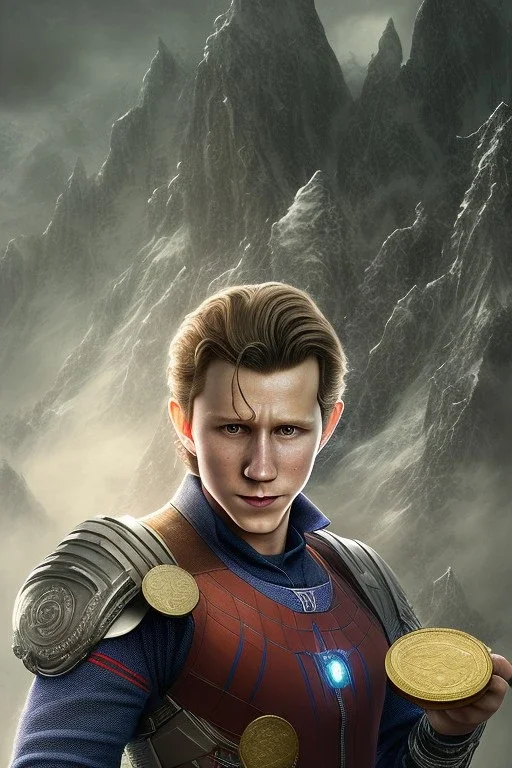 A highly detailed portrait of Tom Holland's character running as a berserker, holding coins in the night Alps. Angelic background and volumetric gold light add to the atmosphere. HR Giger style adds intricate details and high detail.