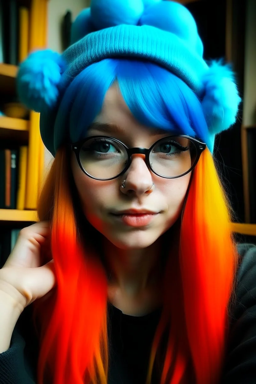 girl with ginger hair in a fringe with glasses and a septum piercing wearing a smurf costume