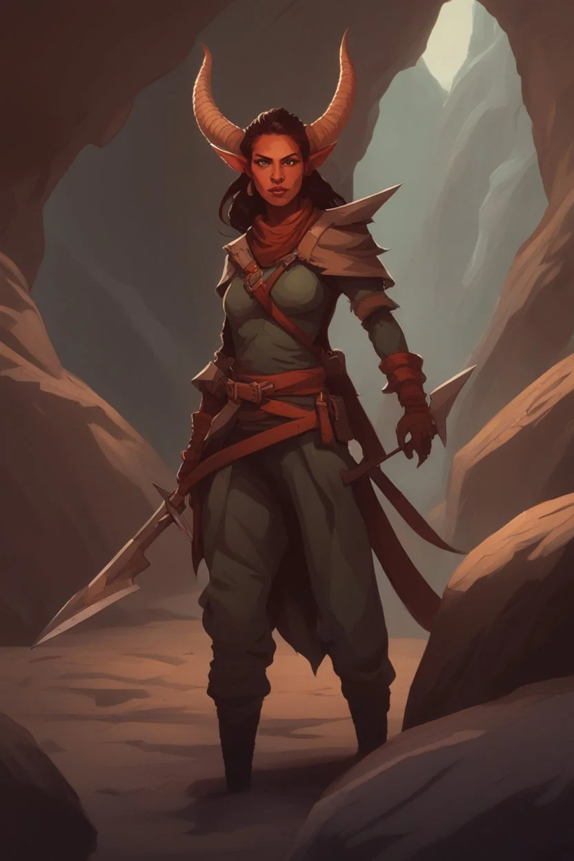 A DnD character. A female horned Tiefling ranger with pointy ears standing in a cave. The Tiefling has a little pterosaurs on her shoulder and a rapier in her hand.