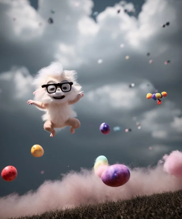 Ultra realistic speed clouds sky scene, wide angle view, strong men falling down with many Childs background, circus clothing style, feather color clothing, free jumping flying, many trinkets, hair monster, many jelly beans, balls, color smoke, smile, happy, extreme, wind, clouds sea, 20,000 feet altitude, stratosphere, soft color, highly detailed, unreal engine 5, ray tracing, RTX, lumen lighting, ultra detail, volumetric lighting, 3d, finely drawn, high definition, high resolution.