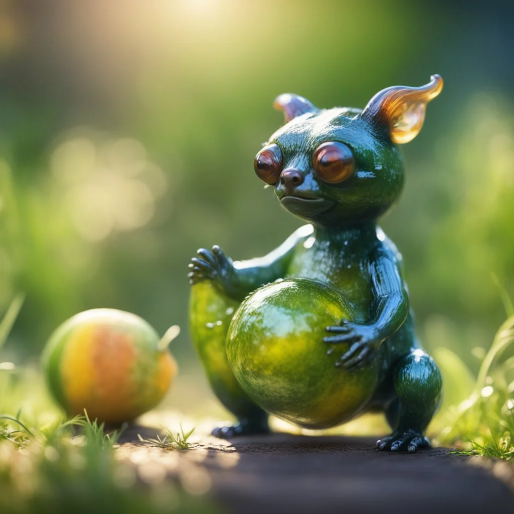 snail gremlin t-pose upper body of bear gargoyle made from tinted murano glass in long grass inspecting a melon ,bokeh like f/0.8, tilt-shift lens 8k, high detail, smooth render, down-light, unreal engine,bokeh like f/0.8, tilt-shift lens 8k, high detail, smooth render, down-light, unreal engine