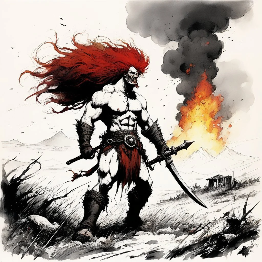 [art by Ralph Steadman] once a flourishing field, now reduced to burned ruins, fumes of death hung heavy in the air. Amidst the devastation, an enraged redhead Barbarian, a towering figure of wrath and fury, thundered across the desolate landscape. His eyes blazed with a primal rage as he sprinted towards a lone white paladin, clad in chrome steel plate armor, a beacon of light amidst the darkness.
