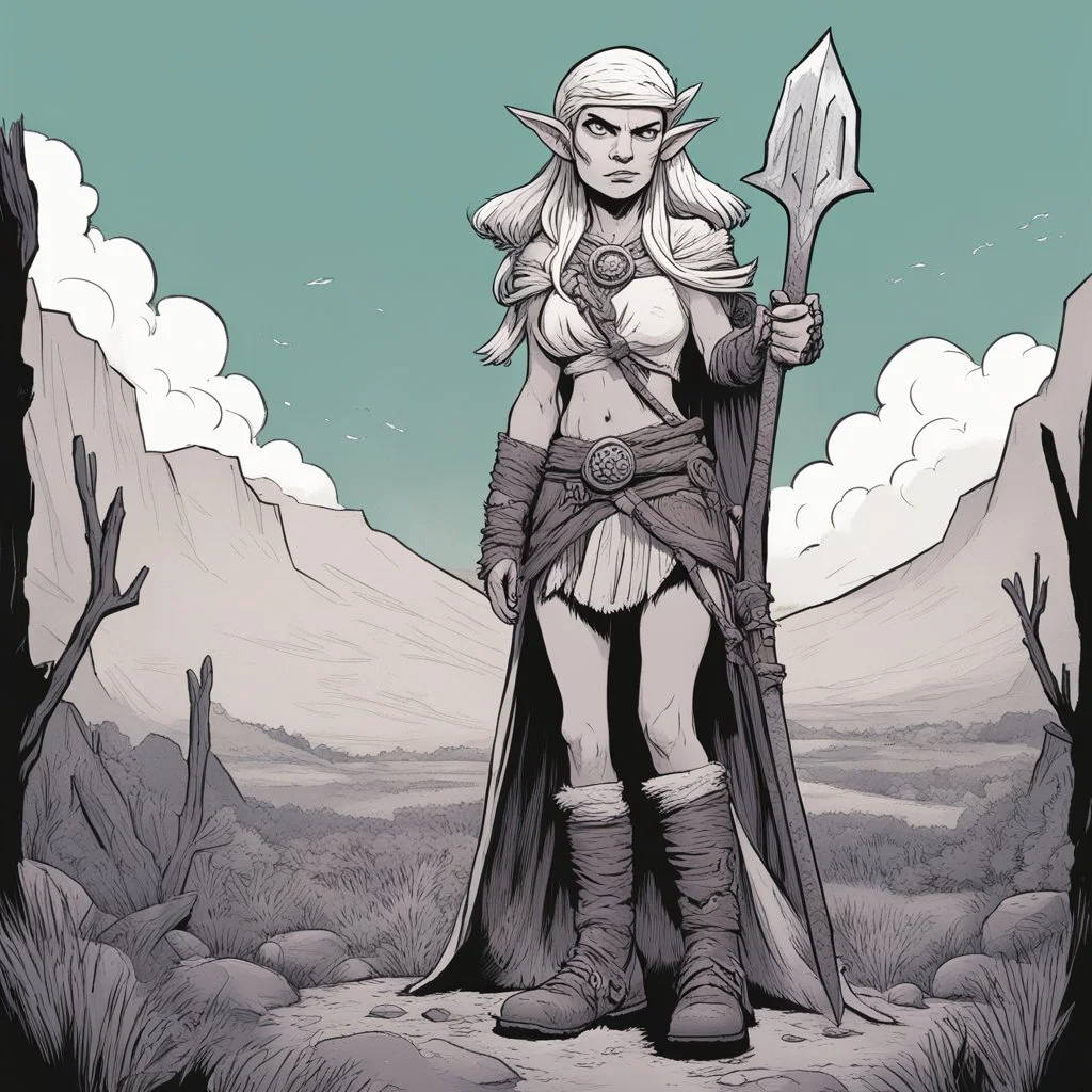 [mexican comics Head Lopper style by Andrew MacLean] Barbaraa female elf druid of 35 years old. she spent her life learning the ways of nature and the power it contains. she worked in the fields with her boots.