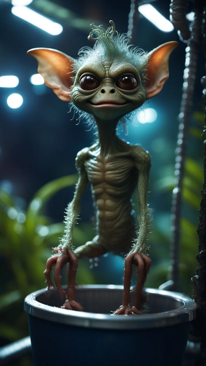 close up portrait of an alien gremlin with arm hair standing on a sea horse in a bucket ski lift in dark lit reflective wet jungle metallic hall dome hotel tunnel, in the style of a game,bokeh like f/0.8, tilt-shift lens 8k, high detail, smooth render, down-light, unreal engine, prize winning