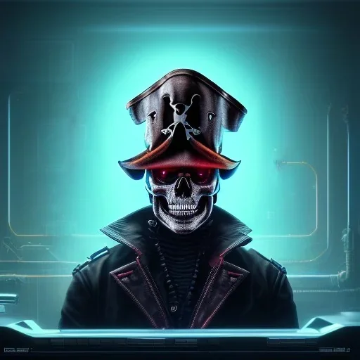 a cyberpunk hacker pirate captain skeleton with a pirate hat sitting in front of a huge old crt monitor in a dark room holding a beer, only light coming from crt monitor, highly detailed, intricate, digital art, trending on artstation, trending on cgsociety, by greg rutkowski