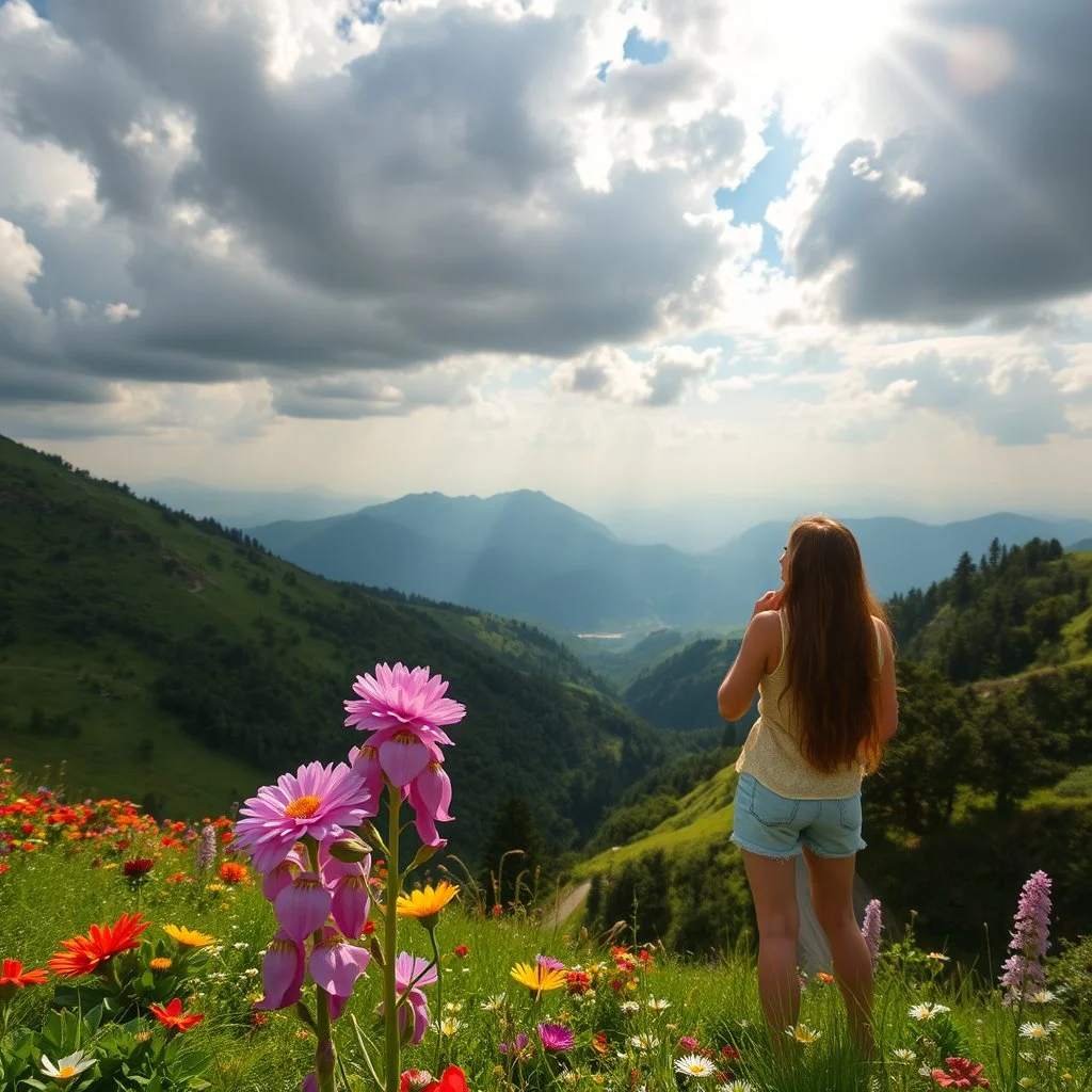 beautiful Green hills covered with flowers colorfull ,blue sky heavy clouds with godray ,very nice flowers at closeup ,wonderfull mountains at distance,beautiful lady clibming at hills full body shot