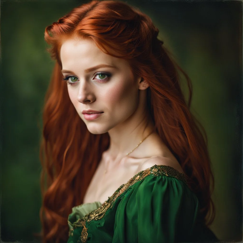 Portrait of a young girl aged 18, long red hair and green eyes