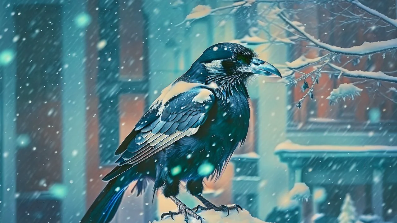 Capture a compelling image of a crow wearing a punk leather jacket within a snowy Christmas atmosphere. Embrace a minimalist collage style. Ensure the composition highlights the crow's distinct presence against the backdrop of a winter Christmas ambiance, creating a visually minimalist scene.