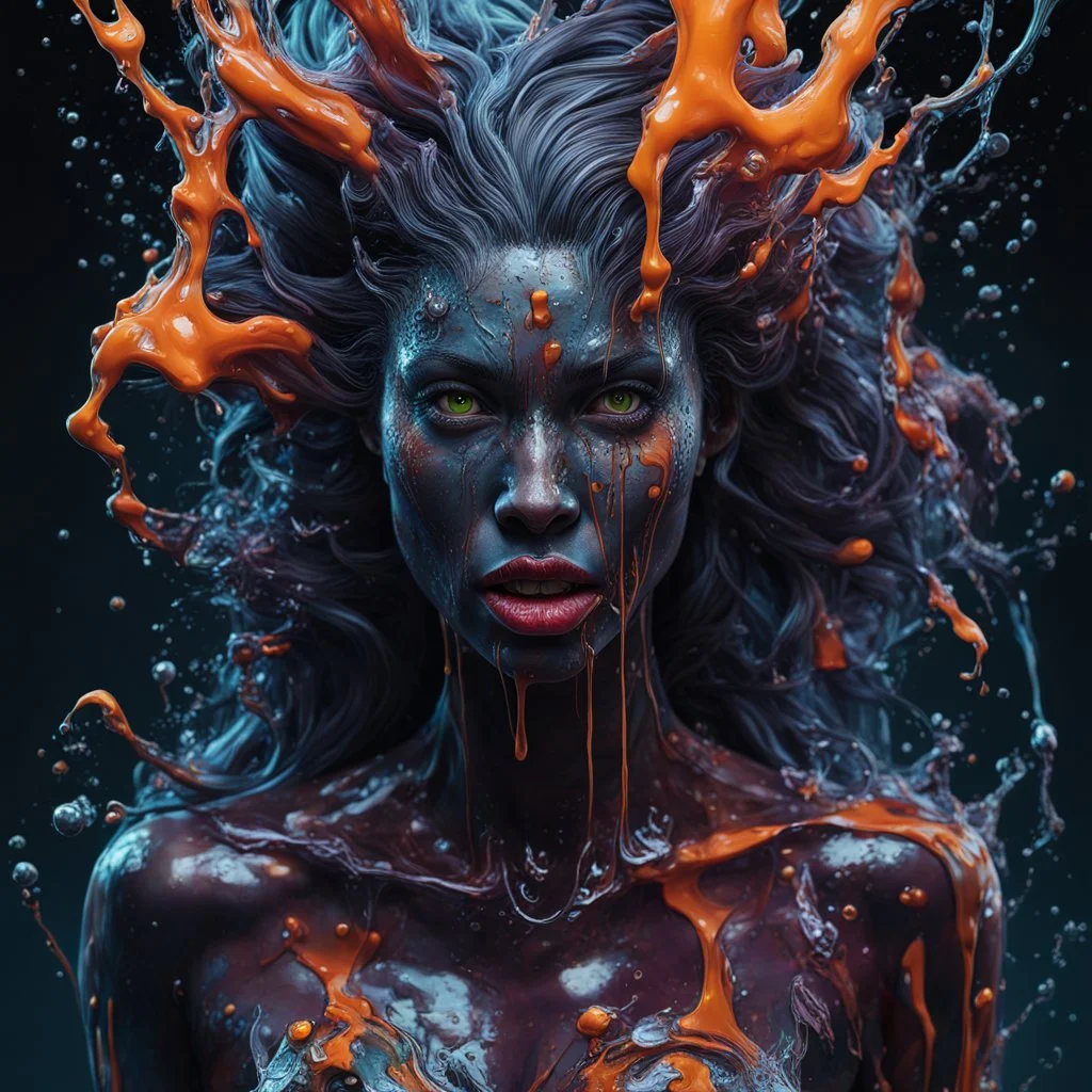 Unsplash art, a quirky liquid portrait of a hauntingly beautiful dark werewolf woman, splash style of paint, Pixar style, Halloween colors, hyper detailed intricately detailed, fantastical, intricate detail, splash screen, liquid, gooey, slime, splashy, fantasy, concept art, 8k resolution, masterpiece, melting, complex background, intricate detailed, dark colors, fantasy, concept art, digital art, intricate, oil on canvas, masterpiece, expert, insanely detailed, 4k resolution.