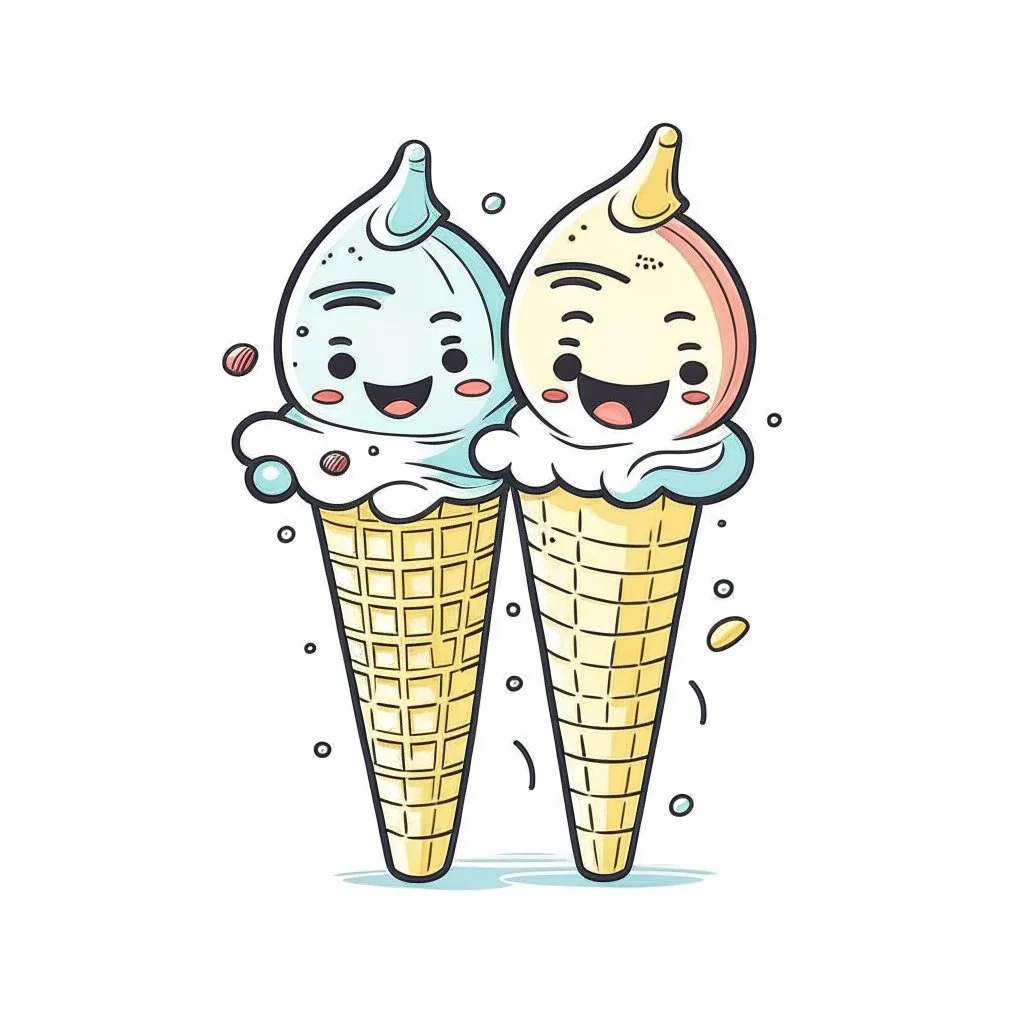 A pair of ice cream cones, cute, lighthearted, natural daylight, T-shirt design graphic, vector, contour, white background