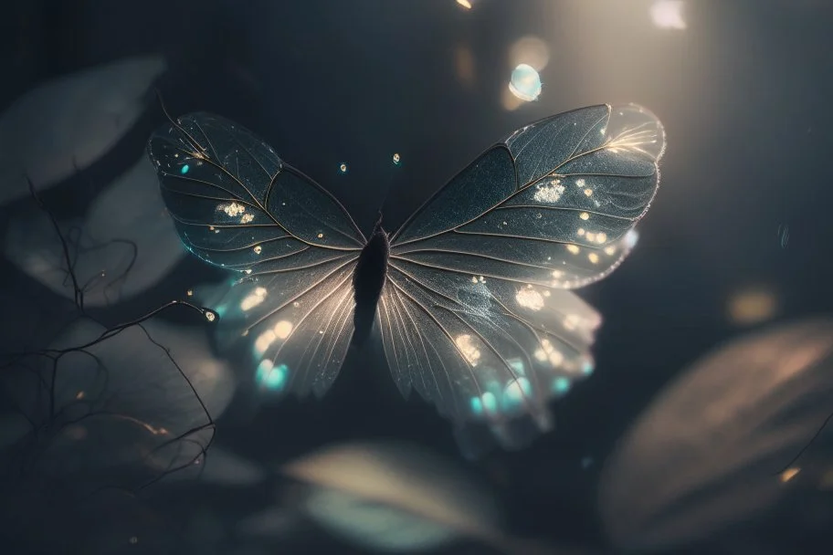 diaphanous transparent light butterfly with glowing center on dark grey leaves, ethereal, otherwordly, cinematic postprocessing, bokeh, dof