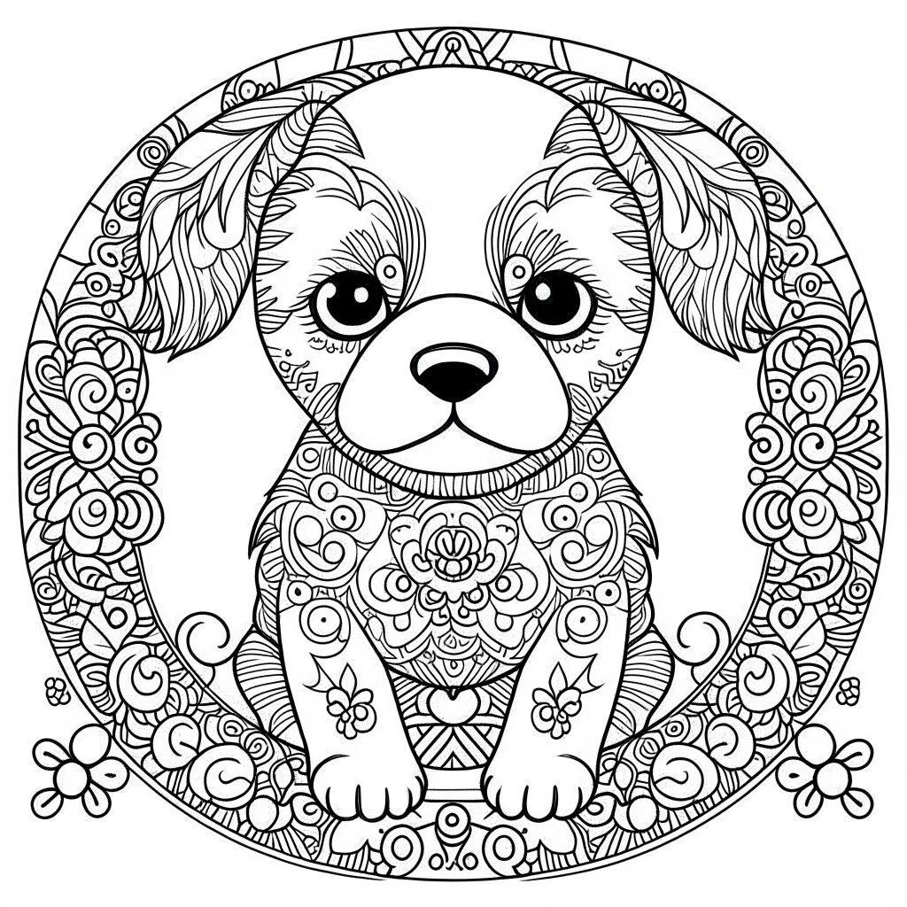 baby dog, happy mood, cute animals, mandala, full view, realistic, coloring page, only draw lines, coloring book, clean line art, –no sketch, color, –ar 3:4, white background, minimalistic black lines, minimal black color, low level black colors, coloring page, avoid thick black colors, thin black line art, avoid colors, perfect shape, perfect clear lines,