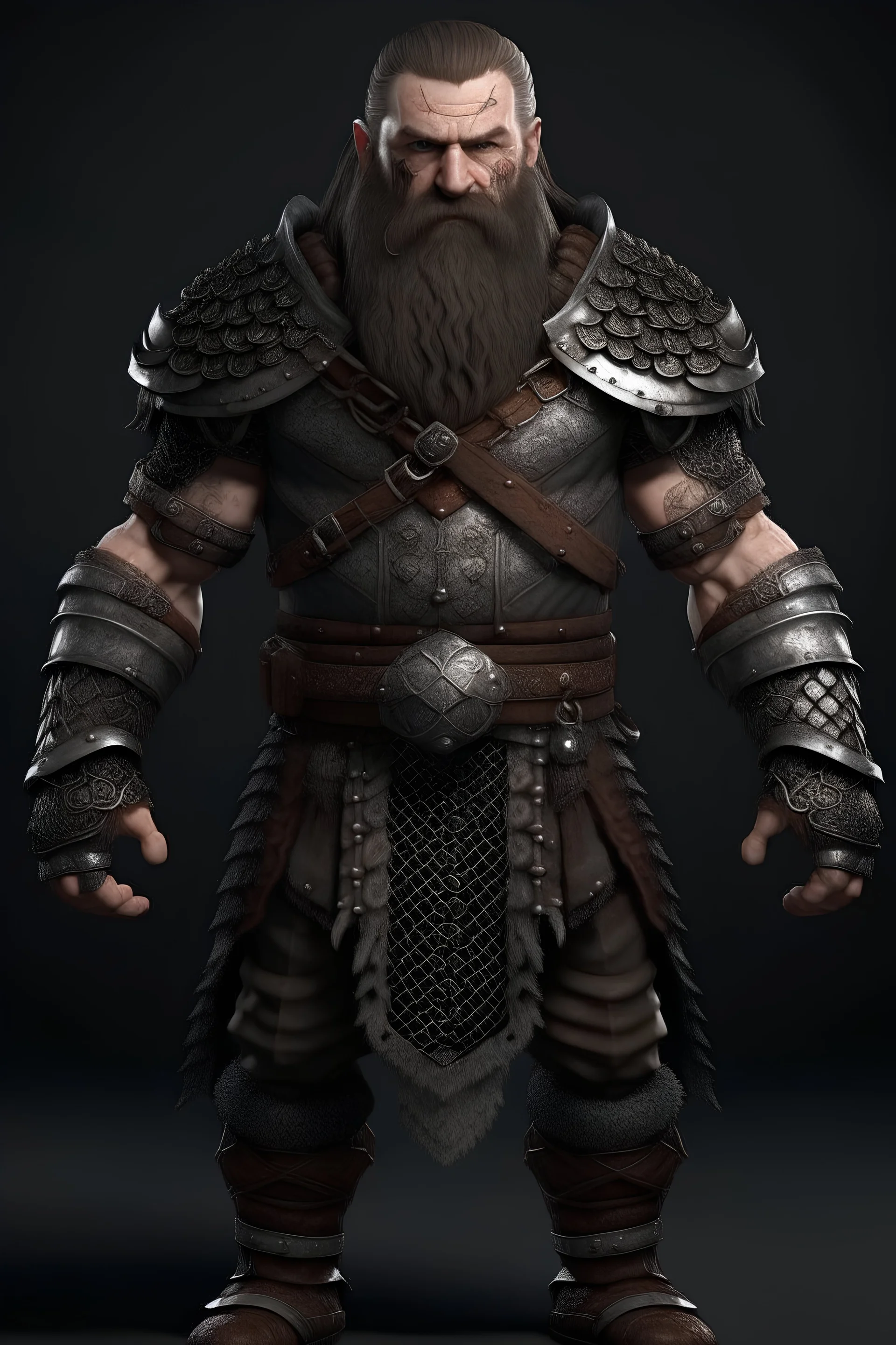 full body portrait of a dwarf with dark brown hair and an ashy gray beard wearing chainmail and tattoos on his arms