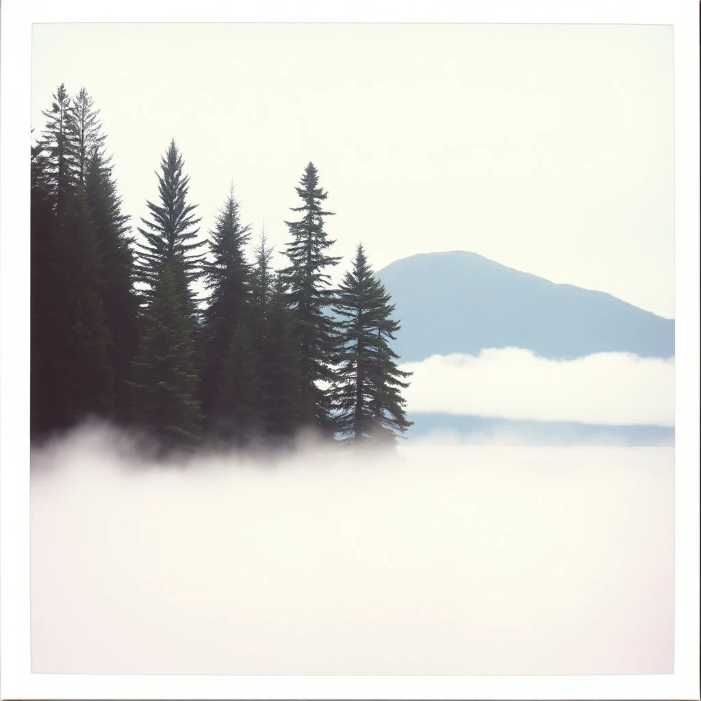 A polaroid photo of a group of fir trees in the background and a high hill in the distance. A lake. The surface below is in a pastel color. Odd dark person. Fog is present.