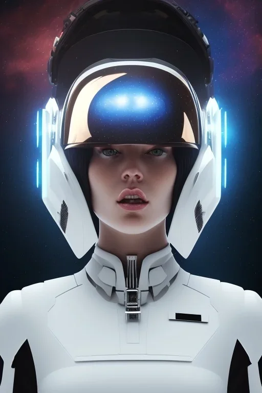 Black intergalactic pilot Quorra, portrait, bright white eyes, wearing high tech pilot helmet, beautiful face, white smoke, dark, rage, sorrow, high definition, ultra 8 k, volumetric lighting, blue fire, fog