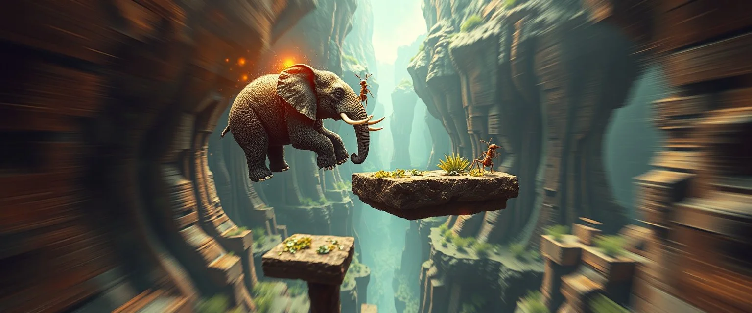 bear ant eater elephant floating in 4 dimensional platform game, goa trance movie poster, stylized art, pin hole photo, motion blur