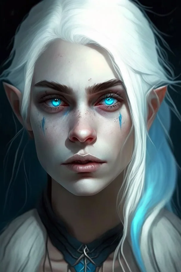 hauntingly beautiful character for dnd, young woman with white hair and blue eyes, aaismar