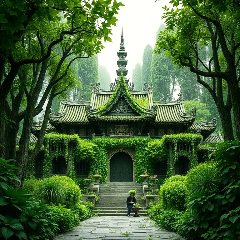 very detailed all Green Buddhist temple surrounded by leaves and ivy, medieval, gothic style,