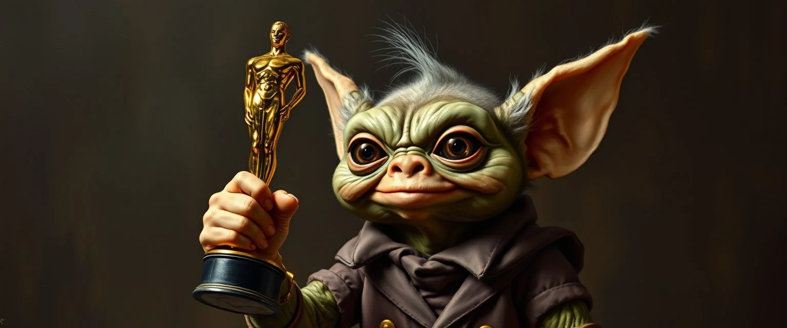 gremlin guy holding up the most retarded Oscar trophy, painted by Rembrandt