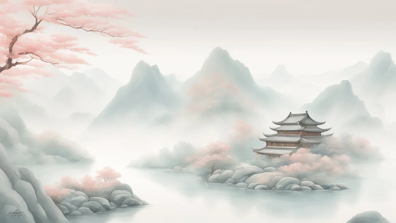 chinese painting, relaxation, luxury, dream world, calm beauty, symmetry, fantasy world, magic, beautiful composition, exquisite detail, 80mm lens