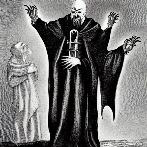 Nosferatu vampire with a beard and vampire fangs as a Russian Orthodox bishop with four arms with long claws and yellow eyes