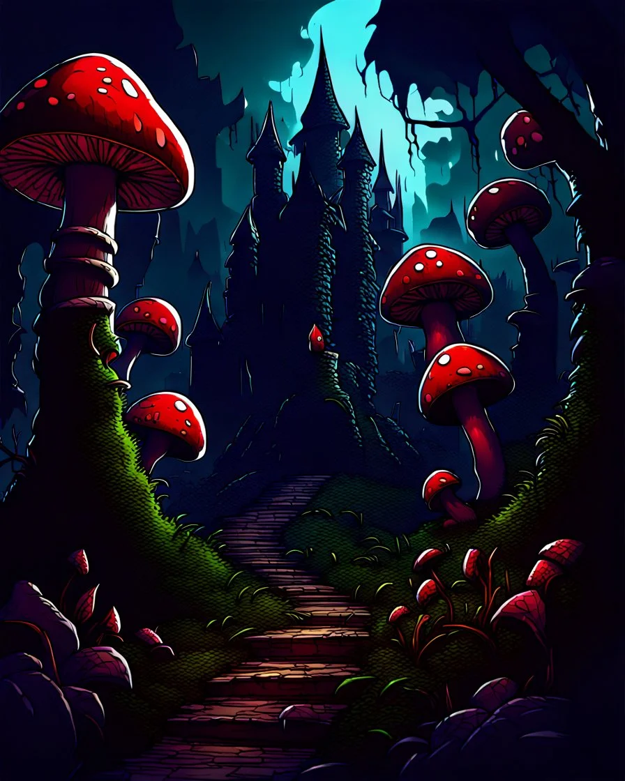 A frightening mushroom forest dungeon with a twisted bramble evil castle in the background