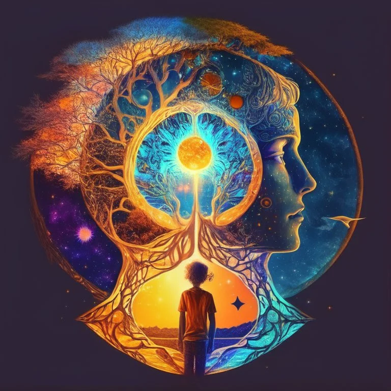 Psychedelic cafe design, mirror space with human boy face, sun, moon, stars, galaxy, love, water, fire, earth, wind and seventh element and light and tree of life