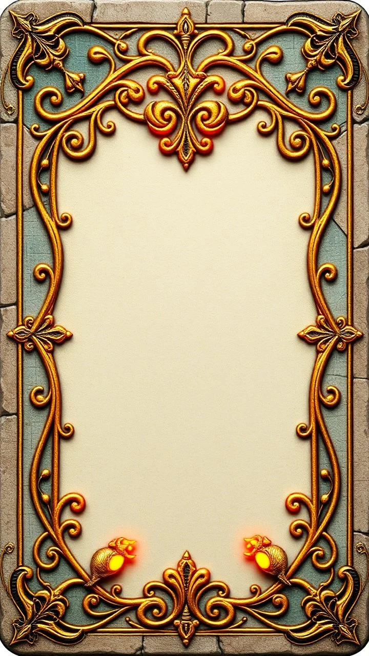 "Whimsical, fantasy-themed card border, intricate stone and gold filigree with tiny rat paw prints hidden in the design, playful medieval style, glowing runes, ornate yet readable, decorative corners, vibrant fantasy color palette."