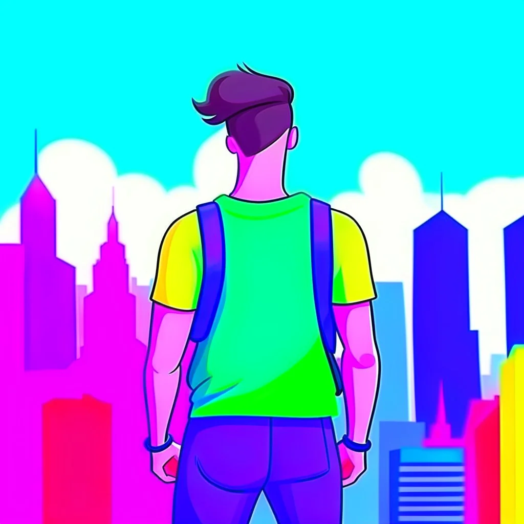 cartoon style character gay man wearing pride flag clothing nice background city view