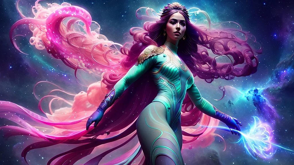 Full body portrait of a nebula goddess by artgerm, ferdinand knab, rutkowski, vivid swirling ornamental, elegant gradients, 3d liquid detailing, textured, intricate, octane render, 8k