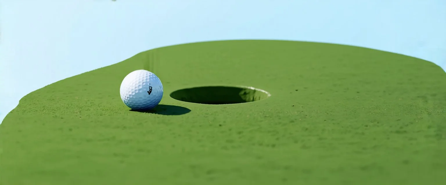 macro photo of a golf green, golf ball with shadow next to the hole(circular), ground is short groomed green grass, clear blue sky, add texture and depth, realism