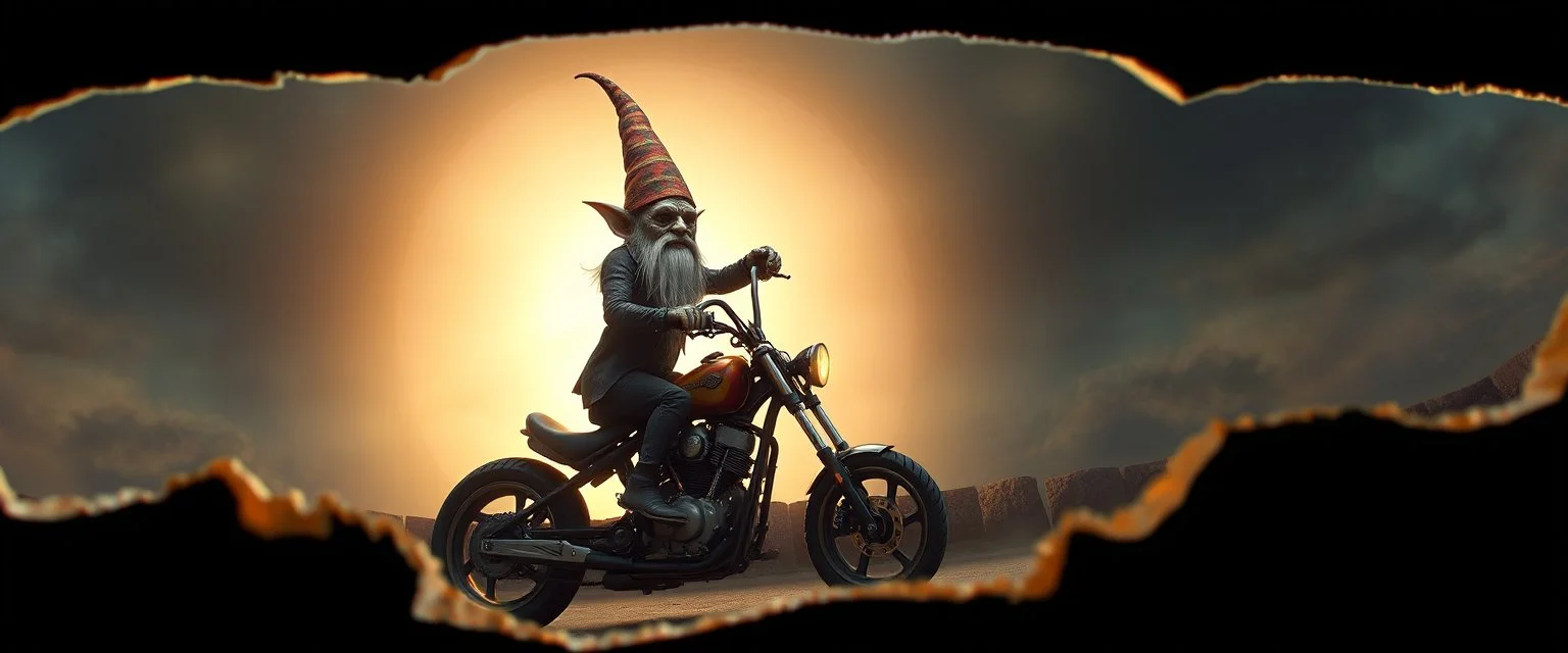 style John Atkinson Grimshaw,3d airbrush render, cut out darkling slender gnome on huge chopper bike with bright aura , pinhole cam, airbrush 3d rendering, torn edges on border, character reaches outside border