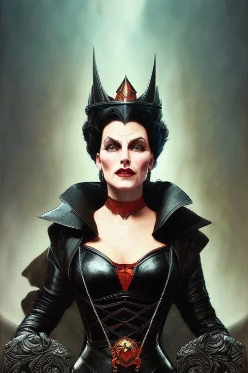 painting of evil queen in black leather, angry, strong, volouptous, busty, cleavage, emperious, mature, highly detailed, digital painting, artstation, concept art, smooth, sharp focus, illustration, art by gaston bussiere and alphonse mucha