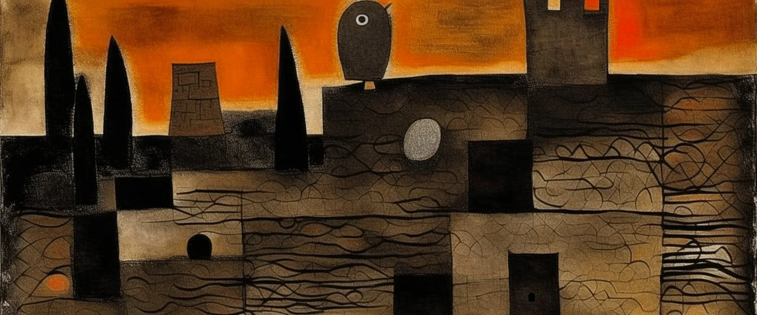 A brownish black isles with shadow monsters painted by Paul Klee