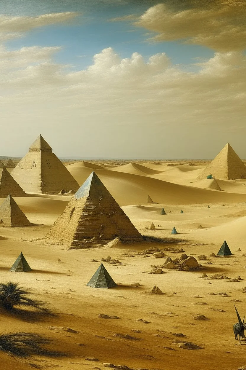 A tan sandy desert with magnetic pyramids painted by Edouard Manet