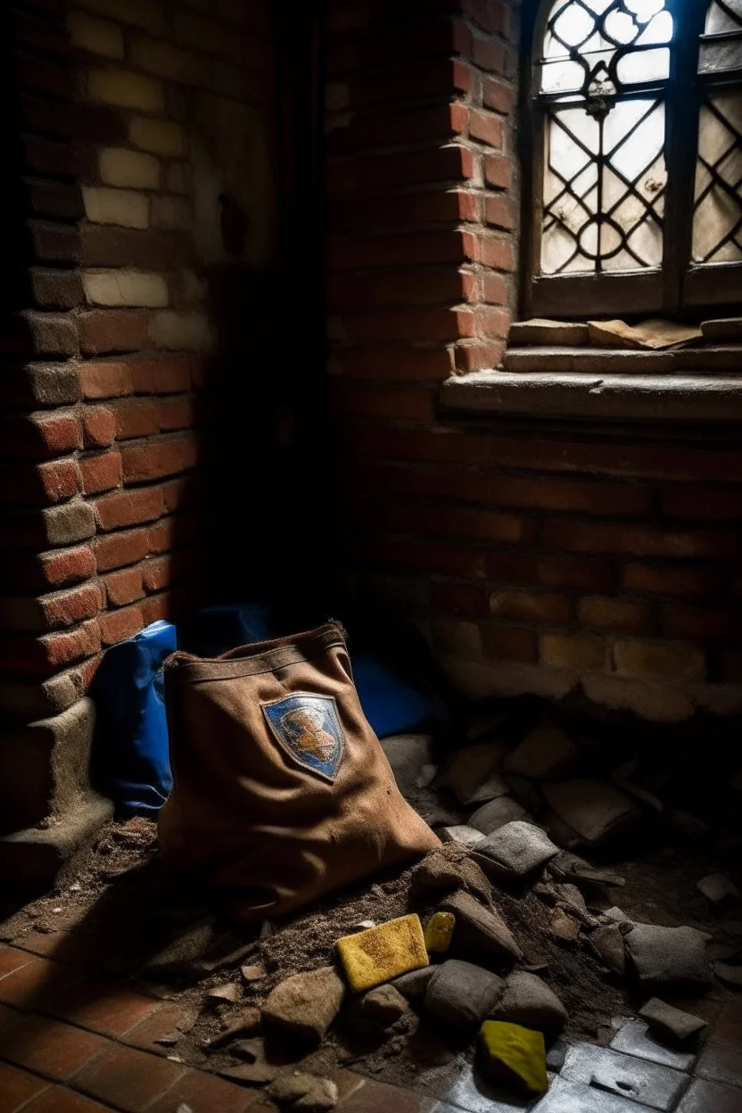 in a LARGE BASEMENT, half-buried in the earth, an ancient, worn-out, worn-out, torn-side valise peeks out, from which gold coins from the time of Catherine the Great fall out. The ancient coat of arms of Russia, the double-headed eagle, is BARELY VISIBLE on the bag. There are a lot of broken bricks and earth around the bag. All in high quality 8K