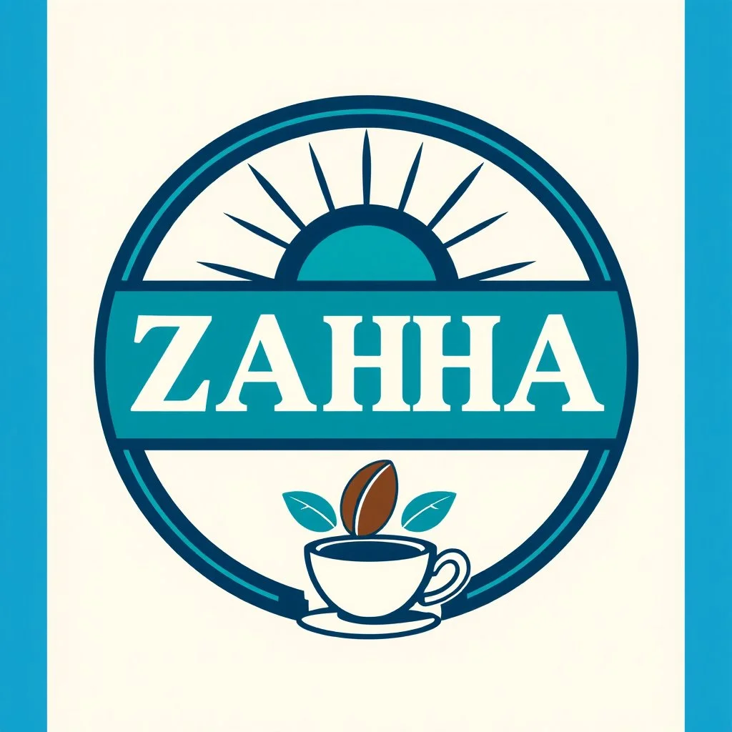 A circular logo with the name (ZAHA) designed for a classic cafe with the sun symbol and turquoise and indigo color and a coffee bean and a coffee cup at the bottom of the logo and a blue and black circle around the work