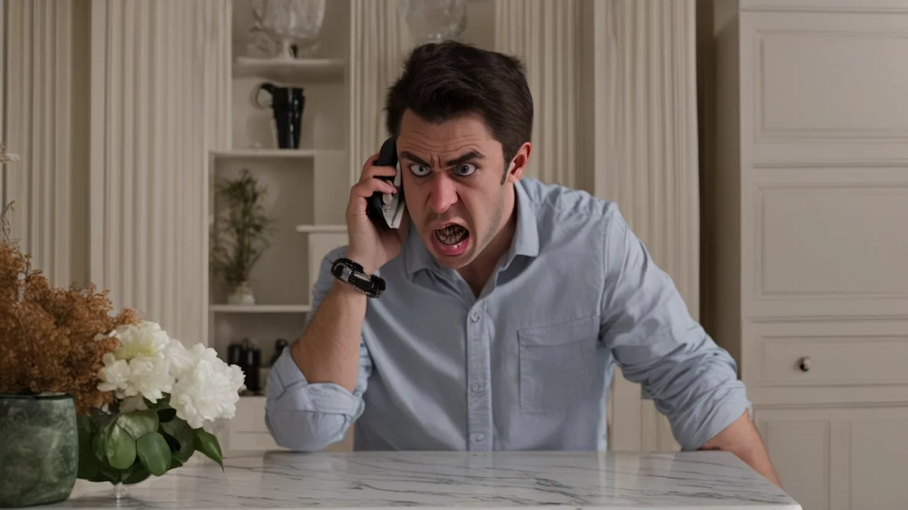 angry guy on phone at uncovered table next to marble tabletop