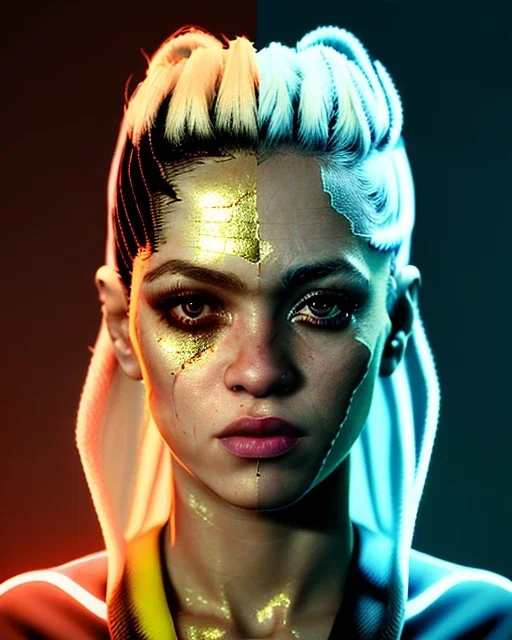 portrait, Shakira, blonde artist, angry, Realistic image, MMA robe, hoodie, mma gloves, fight pose, make-up make-up, gold line make-up, sweat, fog, goddess style, Neon colors, leds. Black background, photo studio, concept art, smooth, unreal engine 5, god lights, ray tracing, RTX, lumen lighting, ultra detail, volumetric lighting, 3d, finely drawn, high definition, 4k.