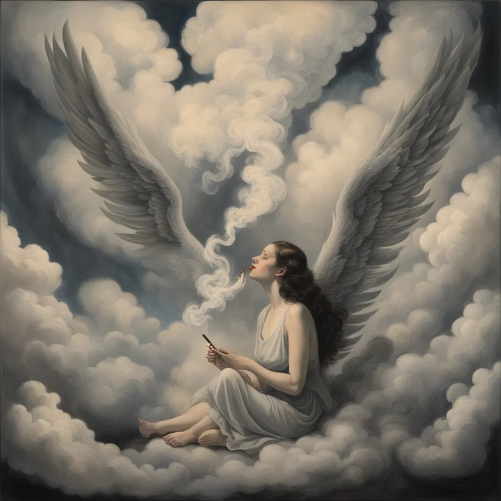 women sitting forward Her face turned upwards and blows cigarette smoke from their mouth. It depicts a figure with wings emerging from its back. behind the clouds of smoke seen death.