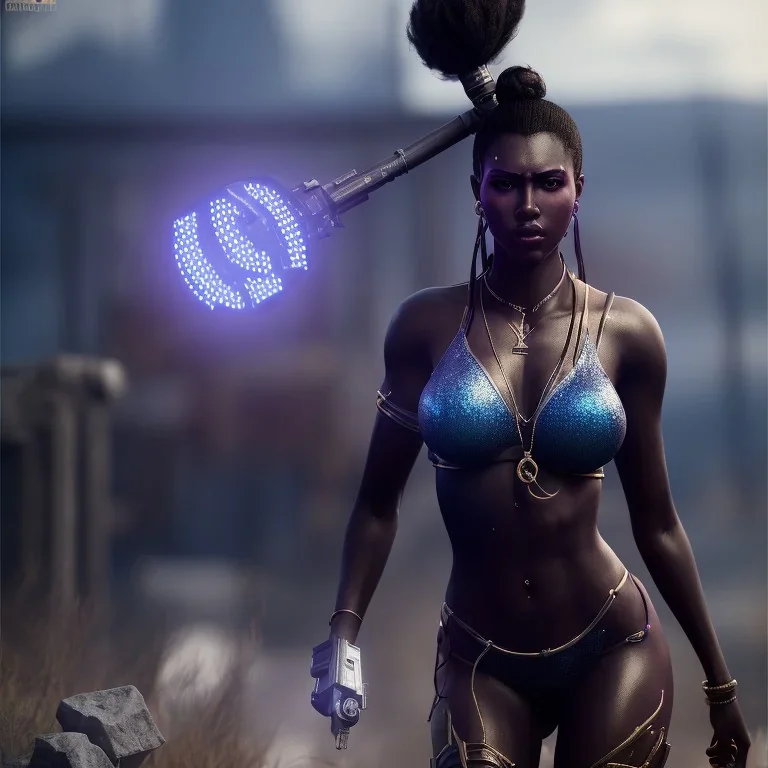 full body shot, masterpiece, best quality,dark skin, sparkling eyes, fluorescent skin,purple-dark makeup, gangsta, armed ,highly detailed body, sun light, 4K, RAW, high contrast, realistic details, 24mm , depth of field ,afrofuturistic,