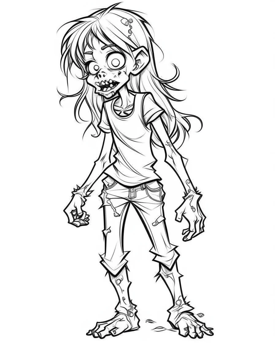 cartoon girl zombie, coloring image, full body (((((white background))))), only use an outline., real style, line art, white color, clean line art, white background, Sketch style