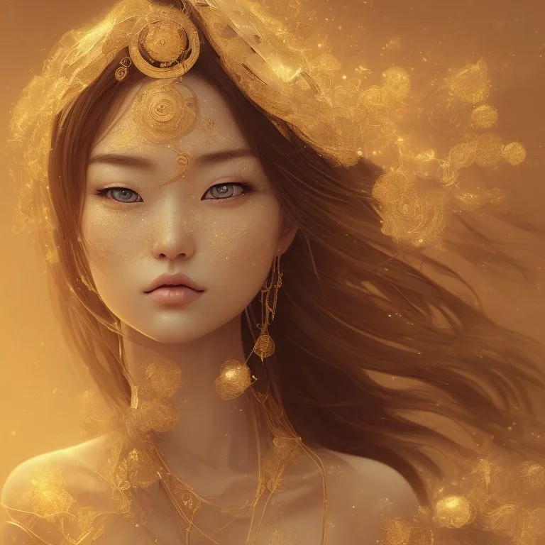 a wonderfull japanese woman, curves, adroid, golden long hair, hair covering one eye, ultradetailed fine art photo of a indian, weet face portrait, snow flakes particles, 8 mm lens, golden ratio composition, detailed face, studio photography, very detailed,masterpiece, artstation, 8 k, highly coherent