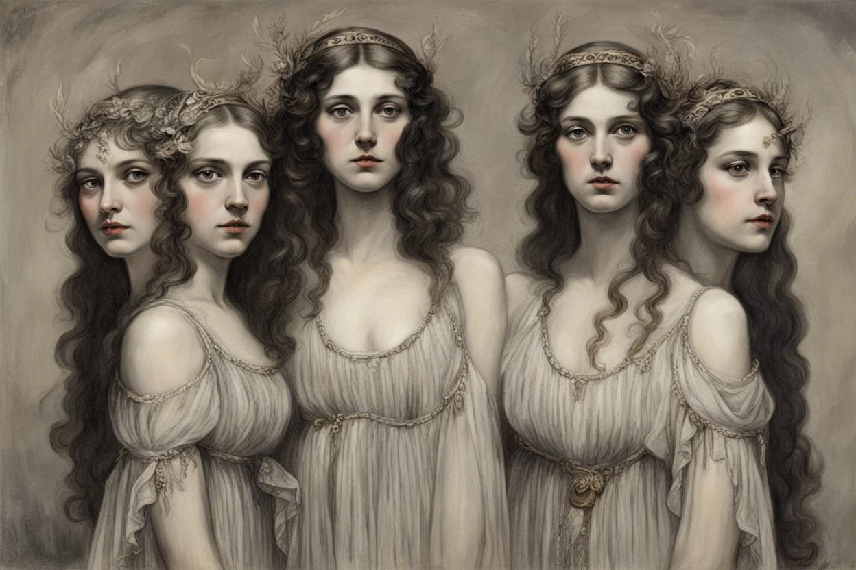 It's not that Circe's sisters were ugly, no. It was just that everything about them contrasted strangely with each other. Individually, each feature in the sisters' appearance was beautiful in itself—their large eyes, for example, could have stunned if they belonged to any other woman. But at the same time, everything about them was "too much" — the hair seemed too black, like clumps of impenetrable darkness, and combined with parchment-white skin and blood-red lips created an absurd, shocking i