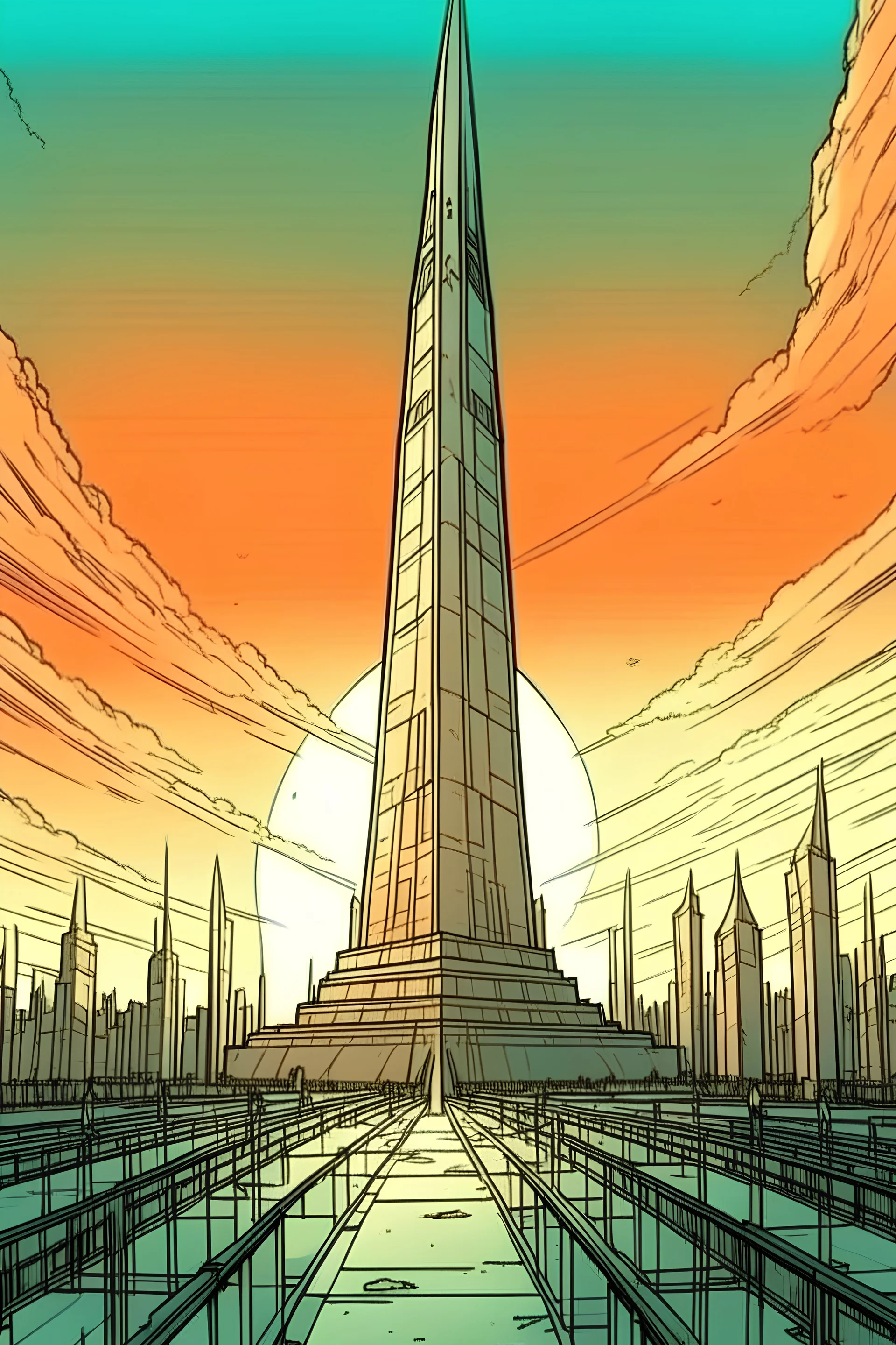 big obelisk pylon in center of dystopian futuristic city drawing power from the sun